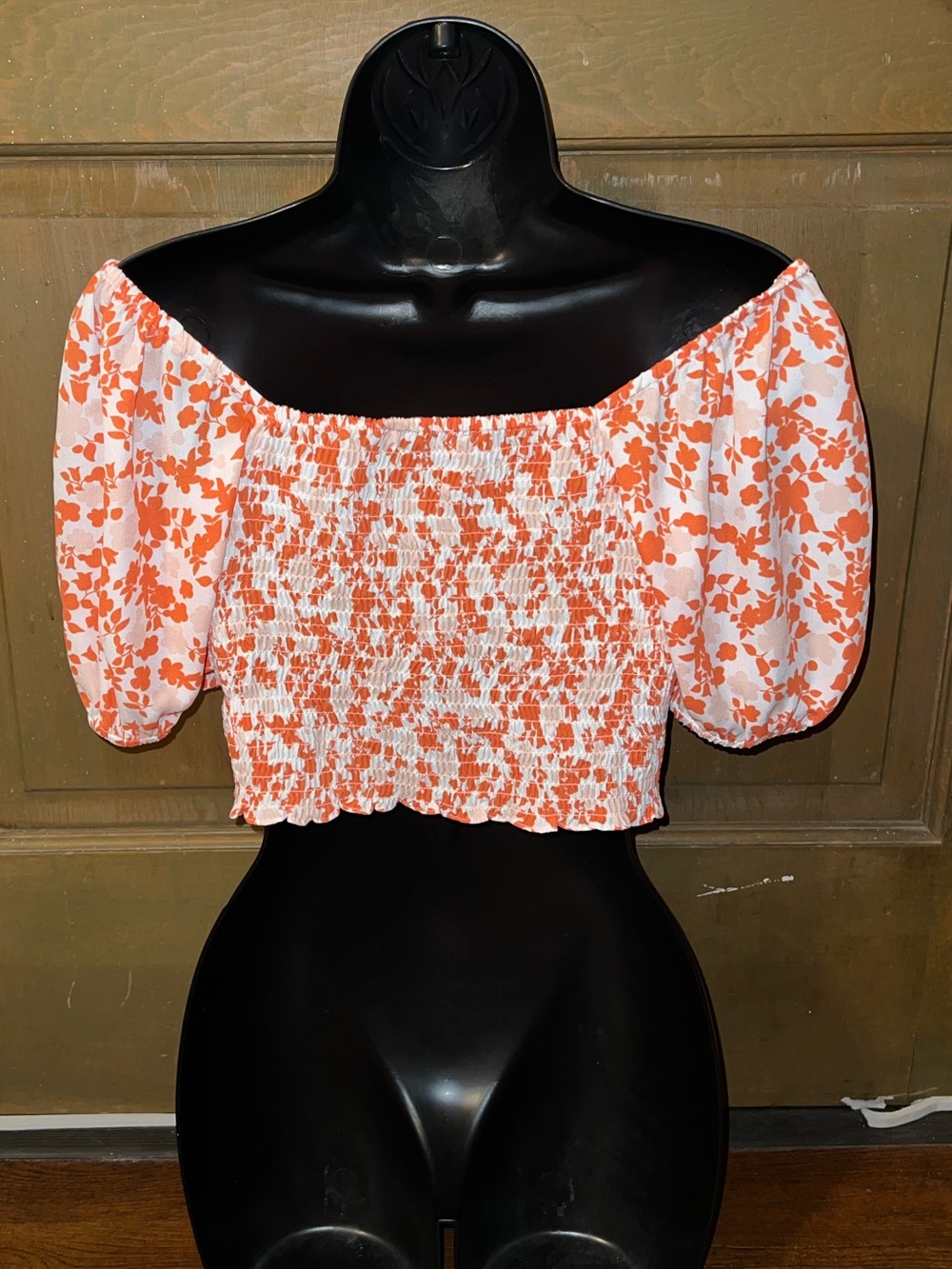 19 Cooper Floral Smocked Crop Top Puff Sleeve Tie Front Orange White Size XS - Picture 4 of 10
